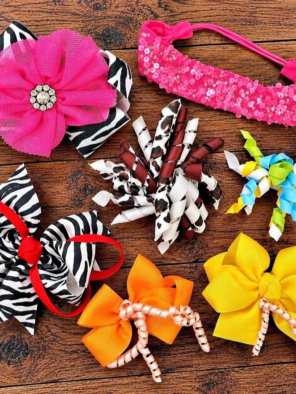 Girls 7 Piece Hair Bow Set, Sequin & Beaded, assorted of colors and sizes